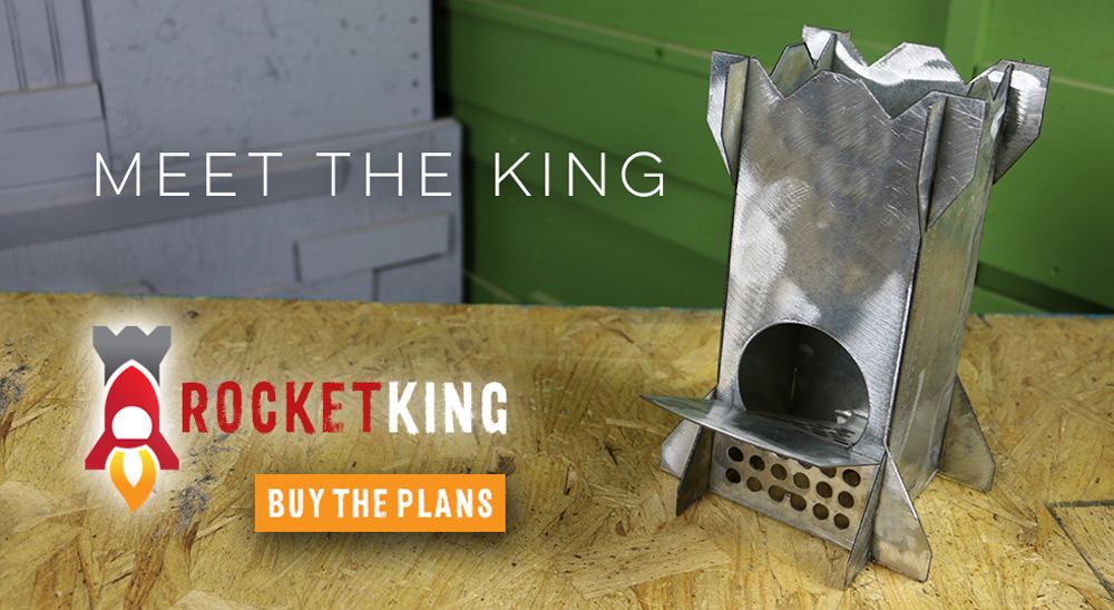 the rocket king metal rocket stove sits on a piece of wood